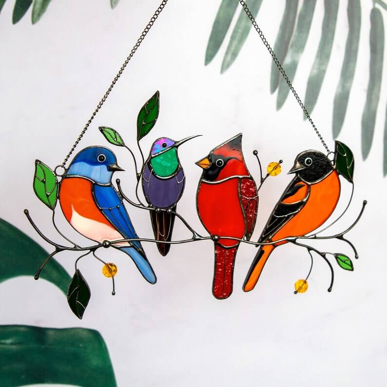 birds stained window panel hangings 6 1